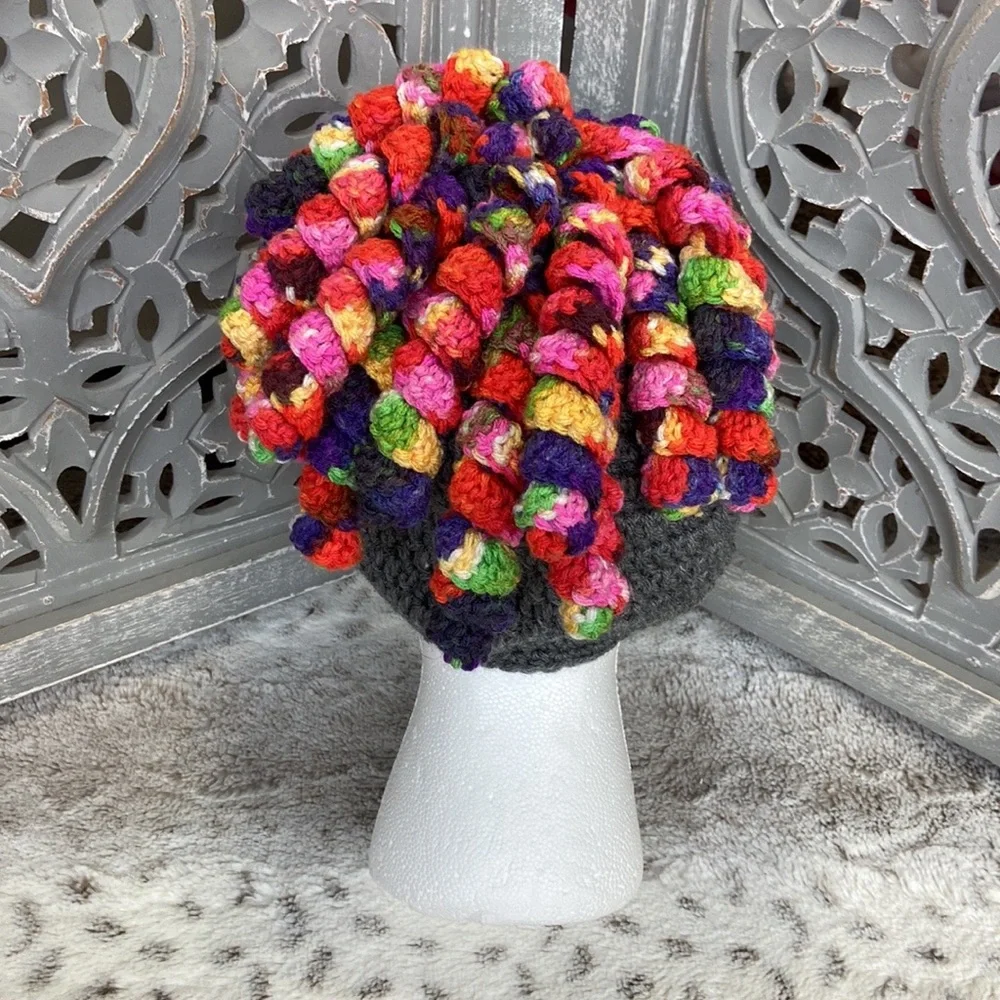 Handmade knit beanie boys girls OS rainbow ponytail curls unique Kidcore winter